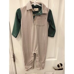 Me & Henry Romper Green Brown Striped Polo Collar Long Sleeve One Piece 12/18M